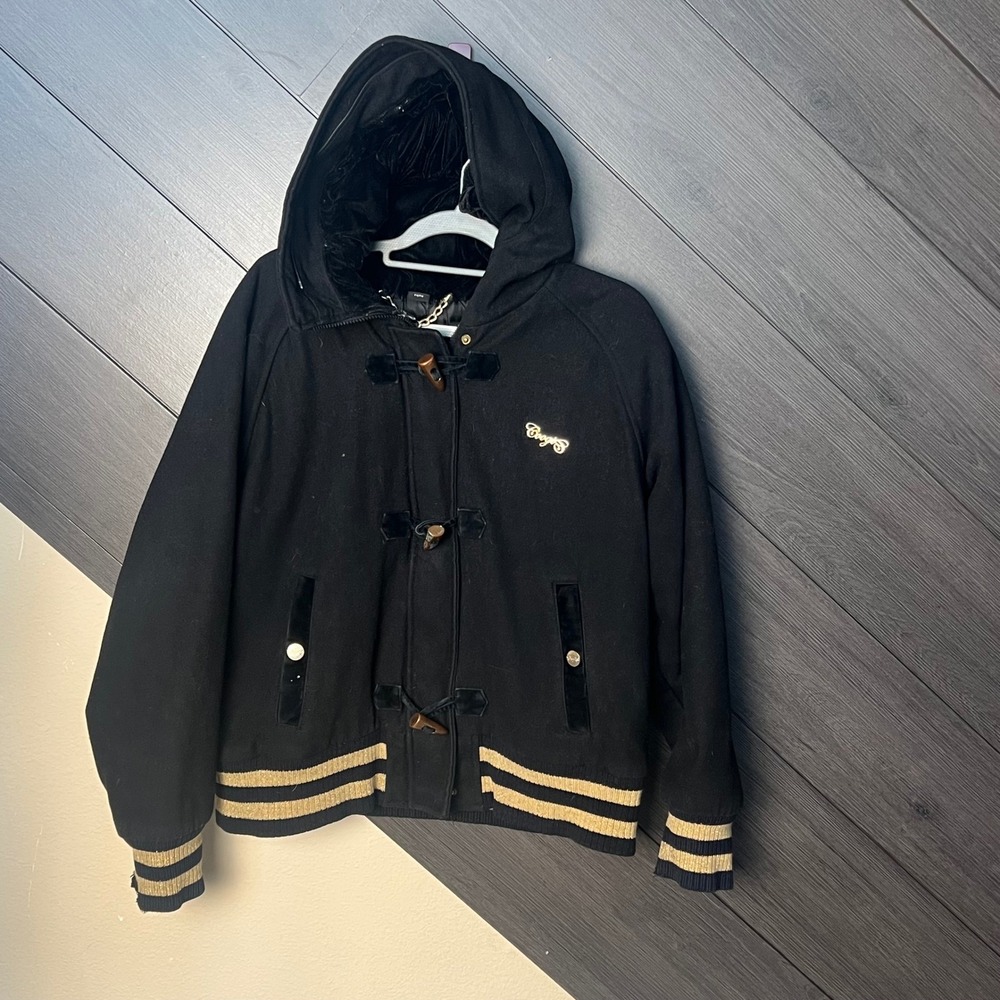 Coogi Australia Women's Duffle Coat Hooded Toggle Black Gold Size M‎ FAIR/FLAWS